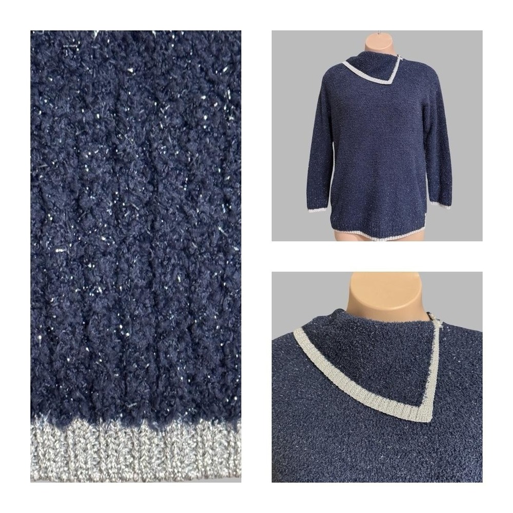 Crown & Ivy Glitter Bouclé Knit‎ Sweater Womens XL Blue Cowl Neck Metallic Trim